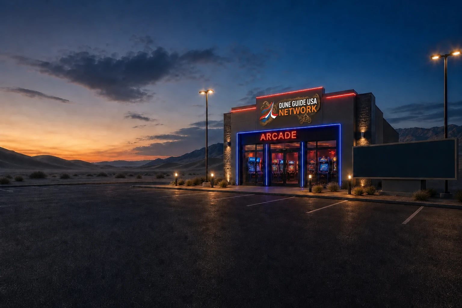 A modern Dune Guide USA Network arcade glowing at dusk, with Atlas performing a dirt-bike wheelie in the illuminated facade sign