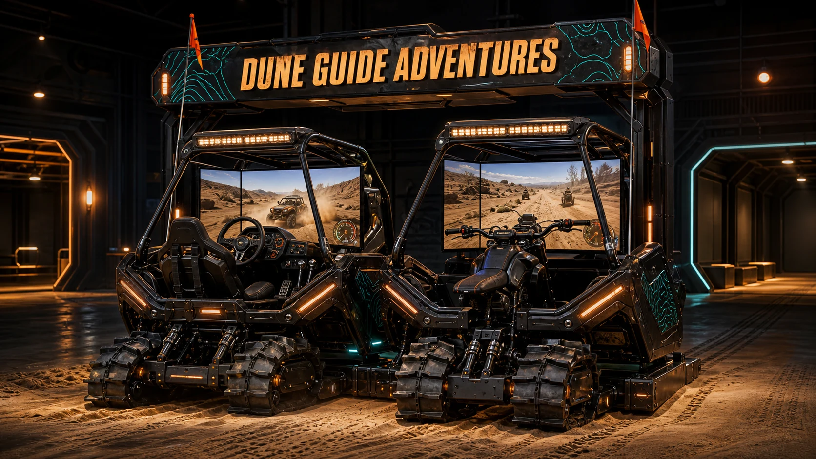 The full Dune Guide Adventures adaptive off-road game rig revealed on a sand-covered arcade floor
