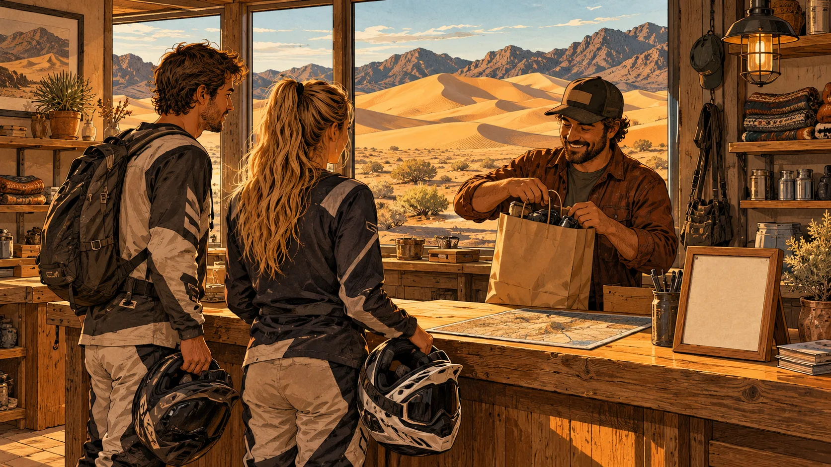 A local shop owner handing a takeaway bag to dune visitors