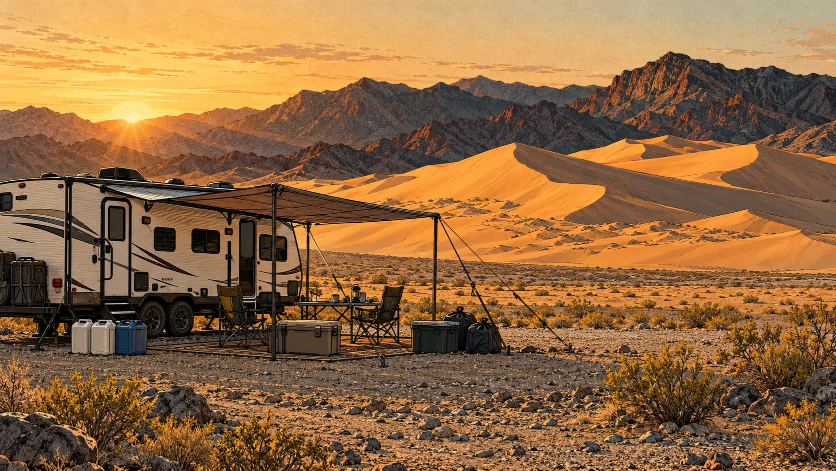 A trailer, water supplies and anchored shade on flat desert ground