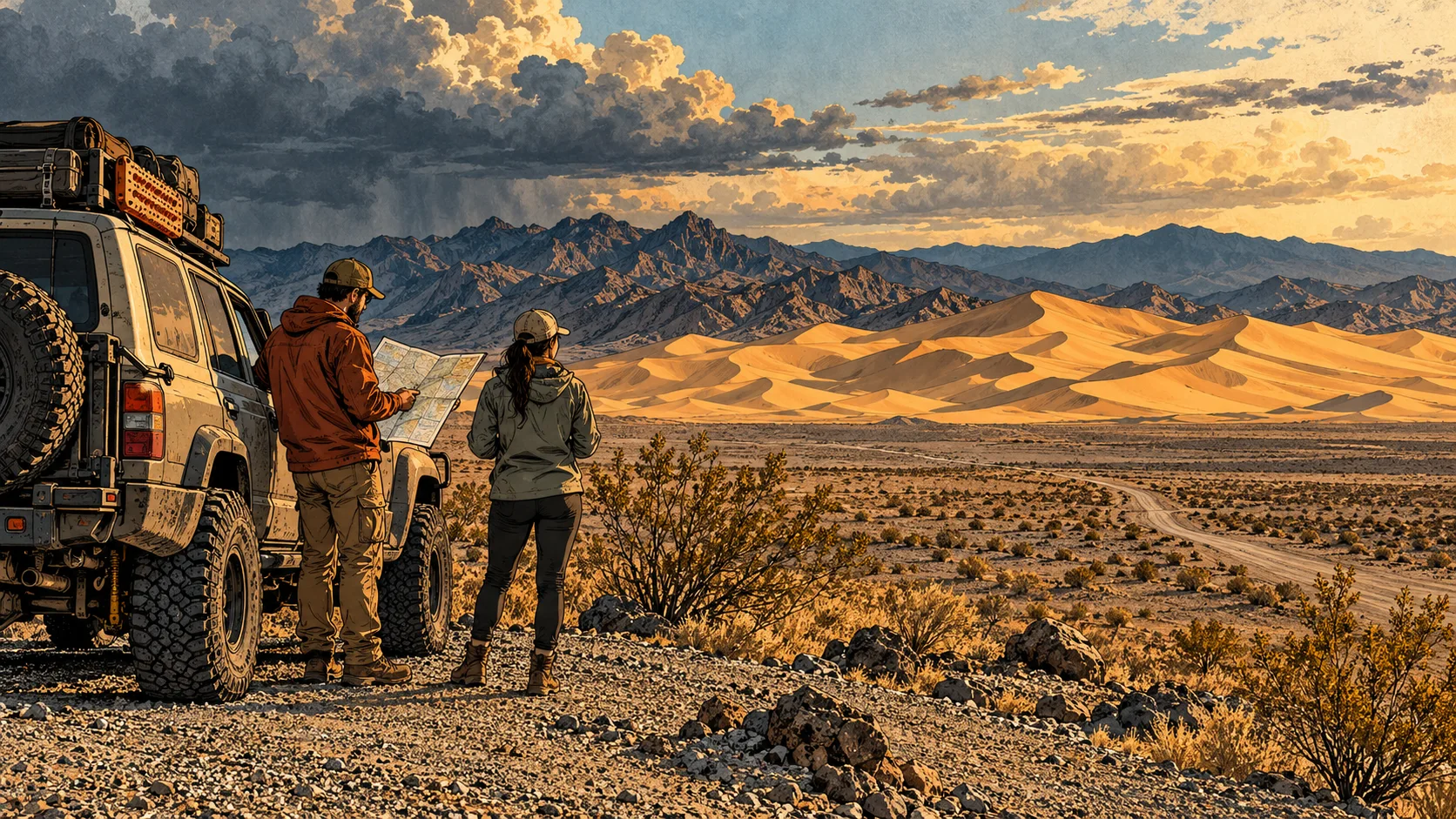 Travelers checking a map beside a parked tow vehicle