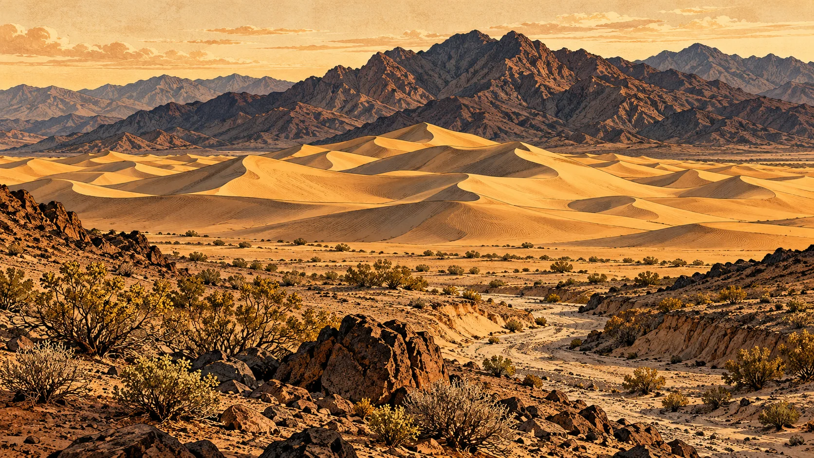 Sand dunes, a desert wash and a barren rocky mountain range