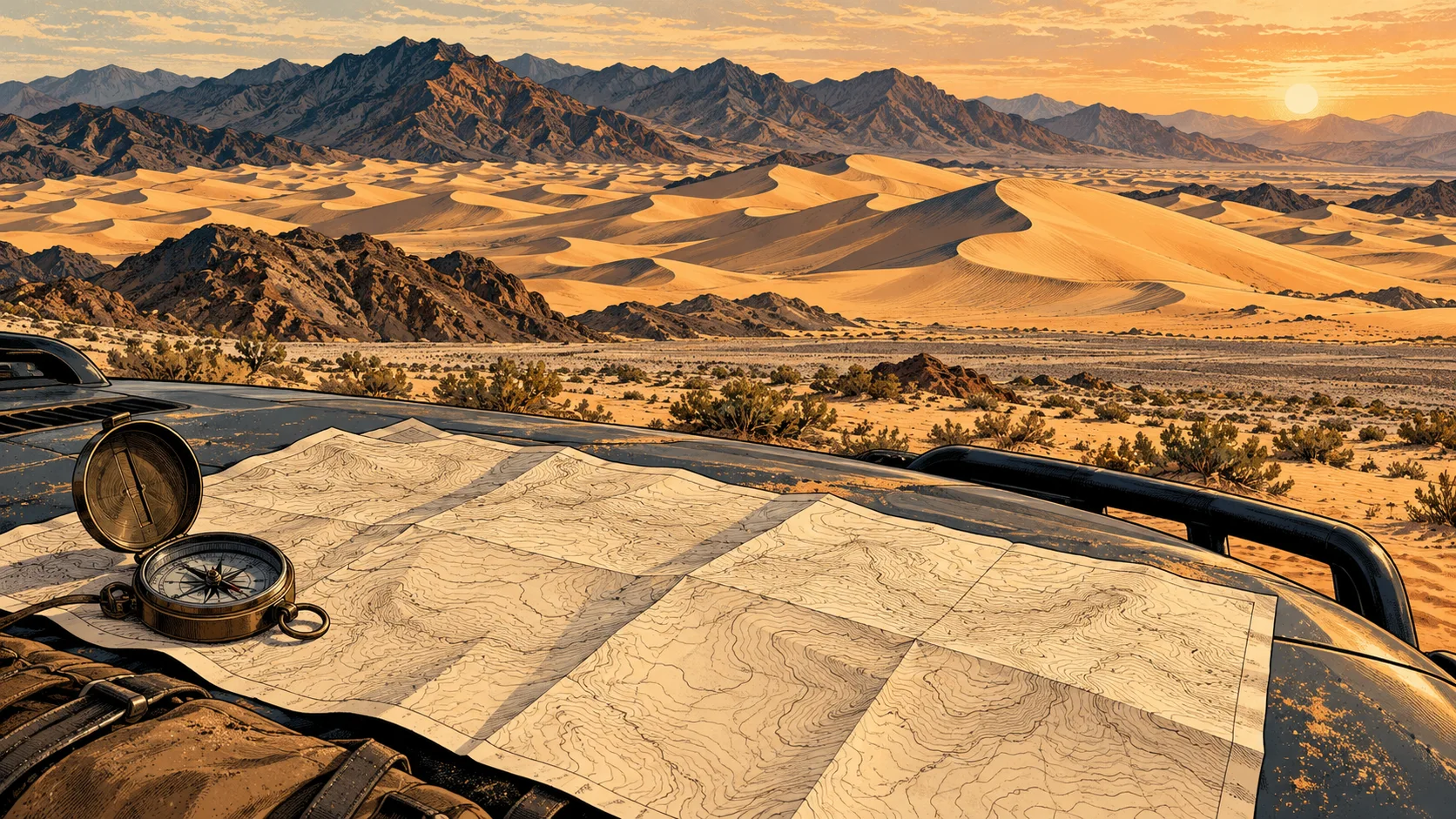 A folded map and compass on a parked truck with dunes beyond