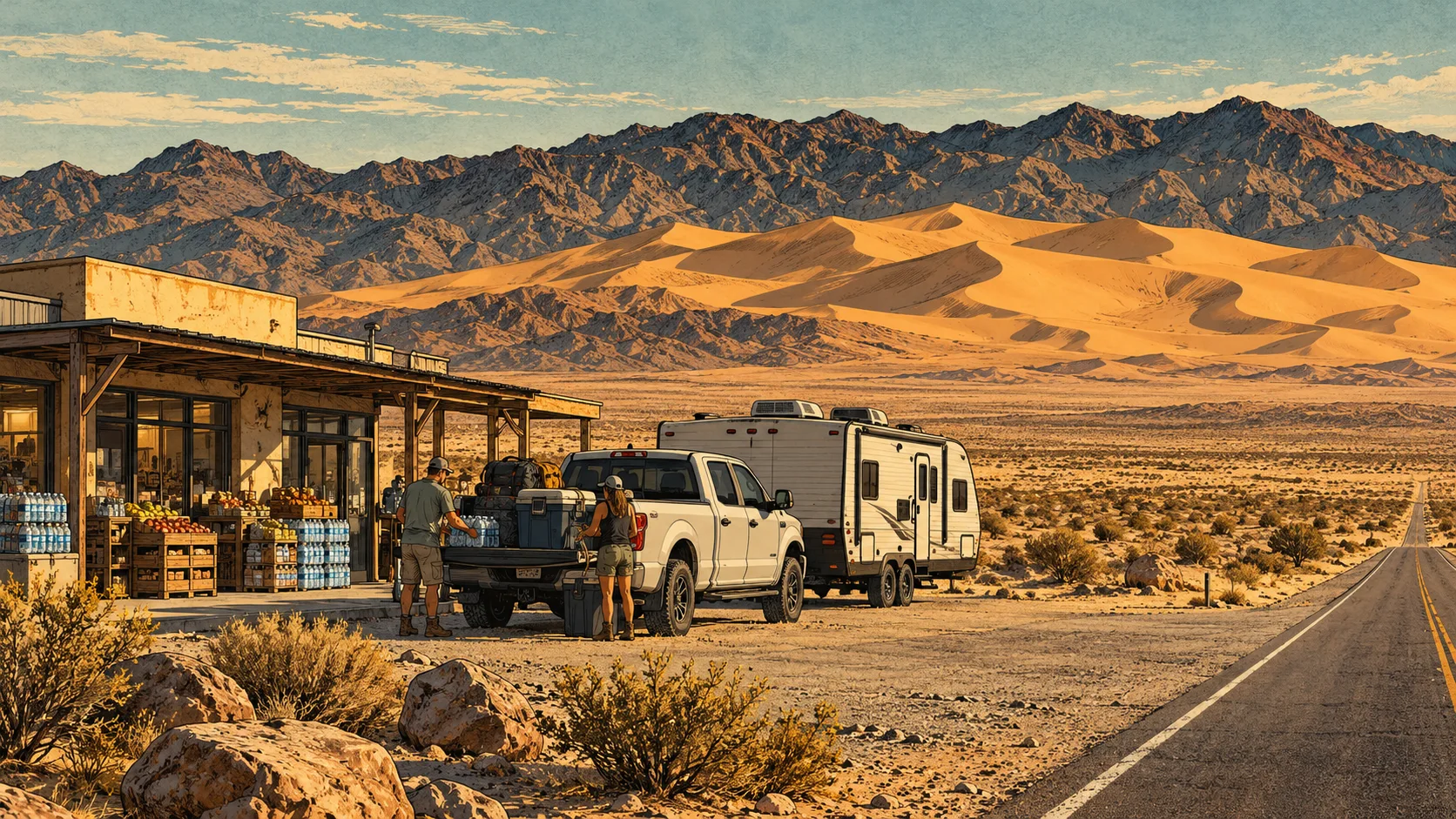 Travelers loading supplies at an imagined Mojave roadside stop