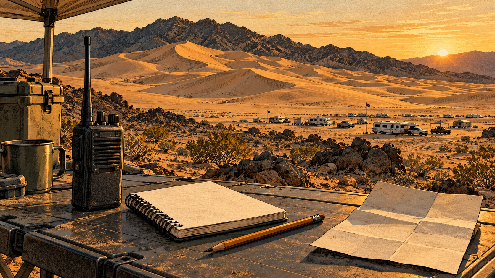 A radio and notebook on a desert camp table
