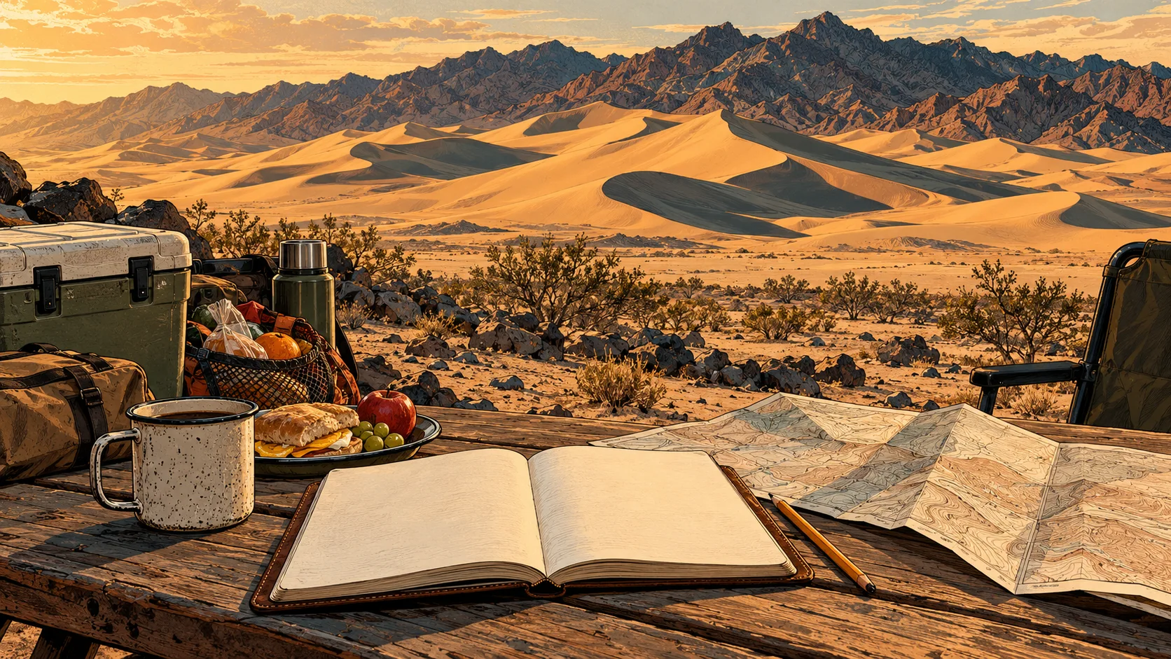 An itinerary notebook, map and breakfast supplies on a camp table