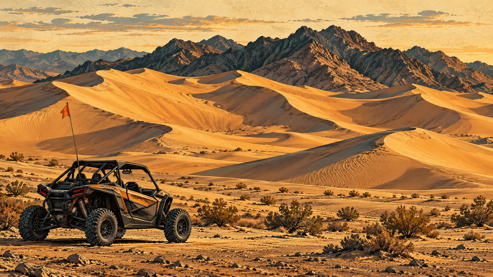 A parked side-by-side below sweeping dune bowls and ridgelines