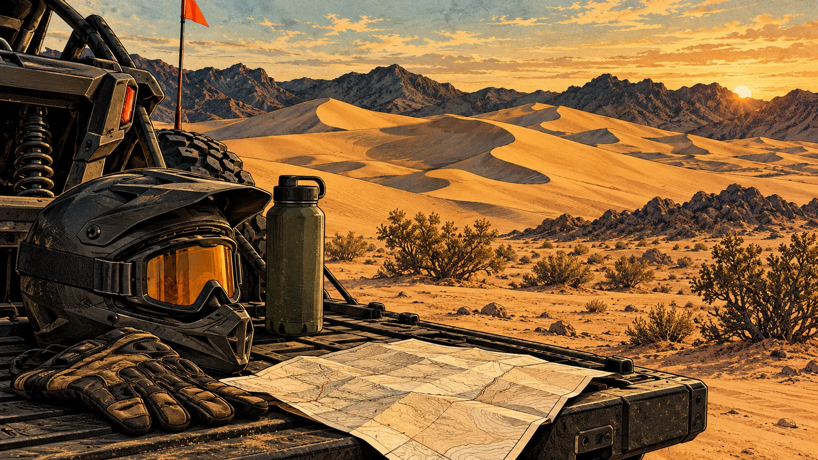 Helmet, goggles, gloves, water and map on a tailgate