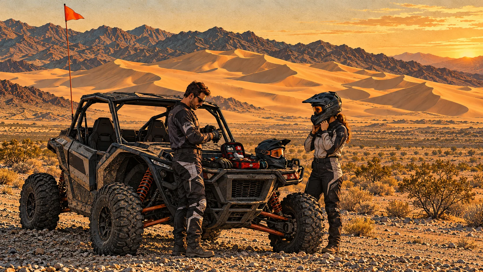 Riders inspecting protective equipment beside a parked side-by-side