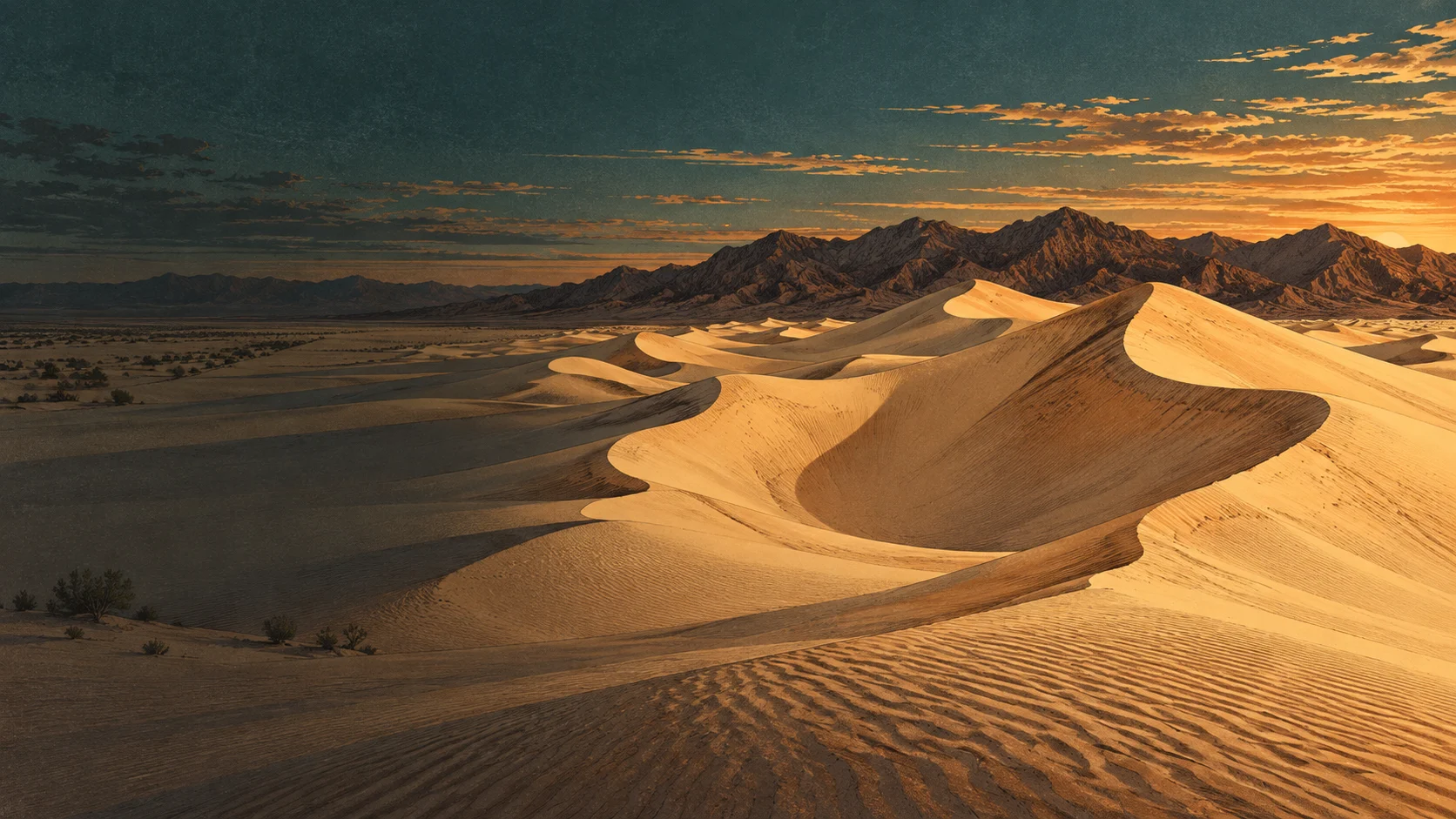 Illustrated tall golden dune bowls beneath a rocky Mojave skyline