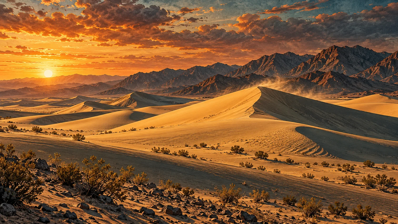 Wind tracing a dune crest beneath a changing desert sky