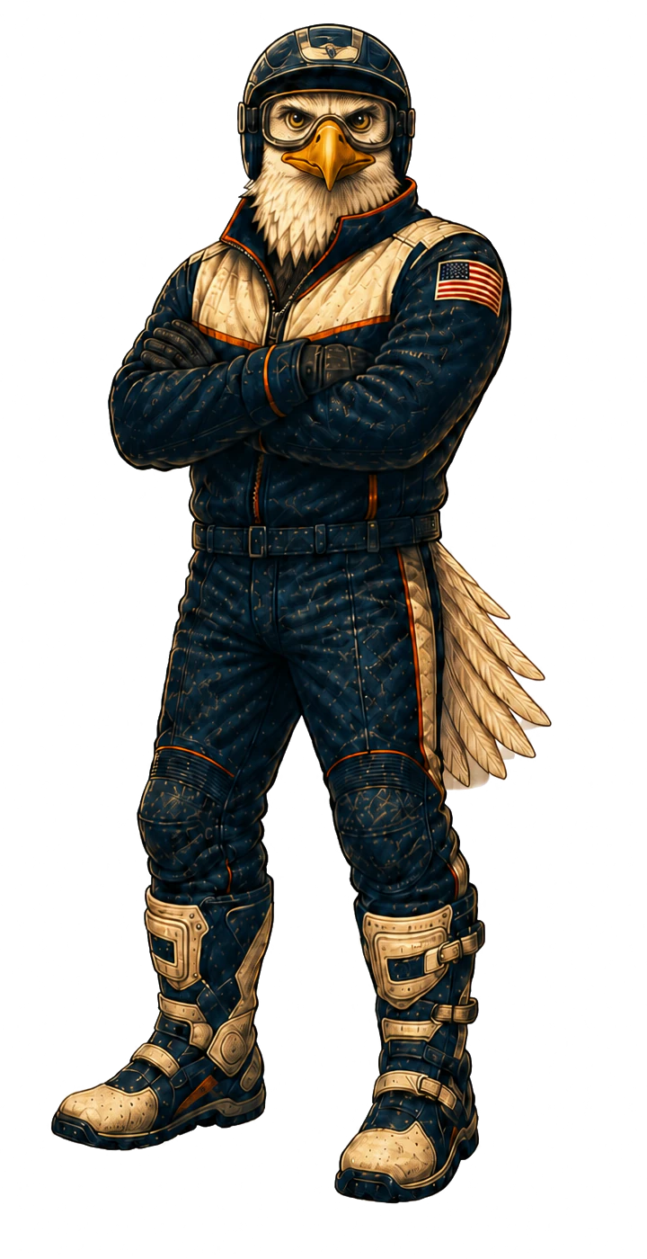Atlas, the helmeted bald eagle mascot of Dune Guide USA, standing with his arms crossed in a navy riding suit