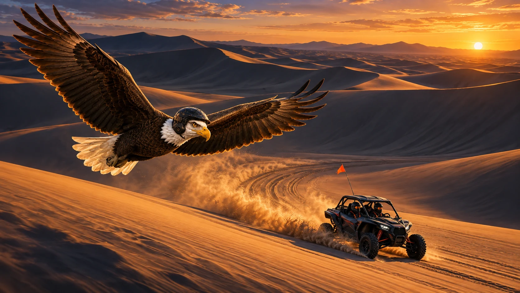 Atlas banks above a UTV following a curved trail through a sand bowl at sunset