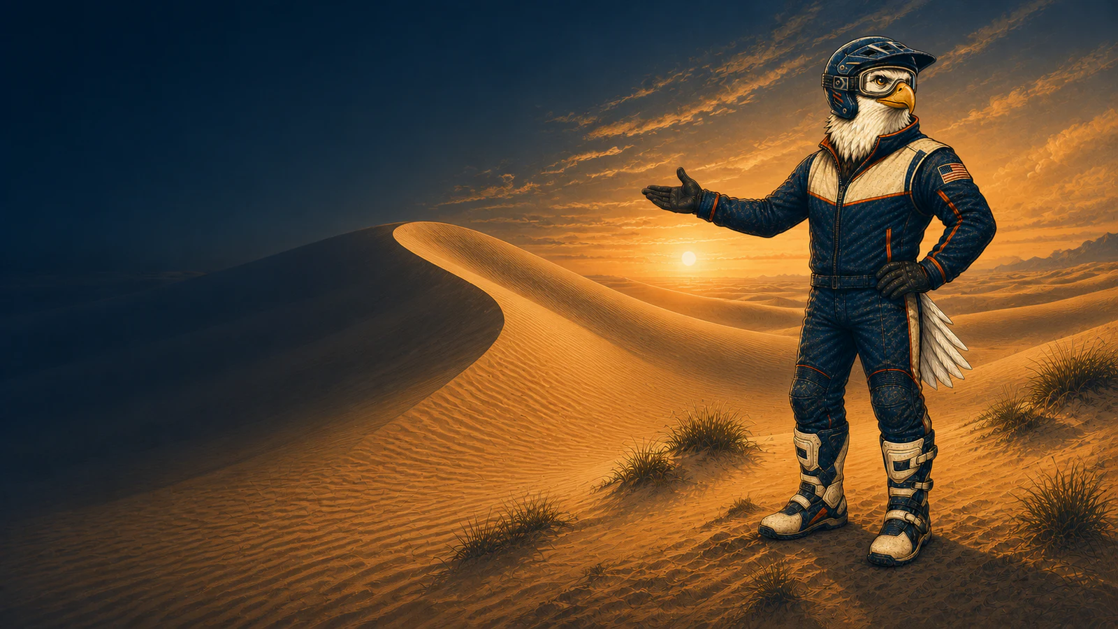 Atlas standing on a dune ridge at sunset, one arm out presenting the sand behind him