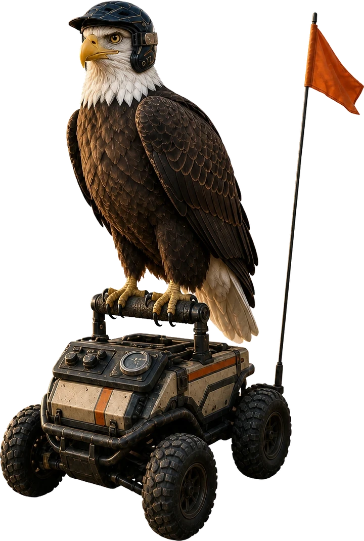 Atlas, a natural bald eagle, perched confidently on his compact navigation rover