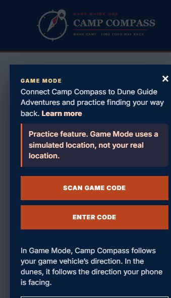 Camp Compass Game Mode panel with Scan Game Code and Enter Code buttons, plus a simulated location warning