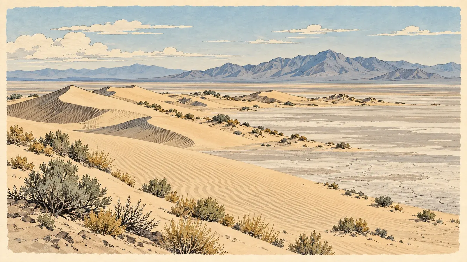Illustration of low dunes and salt flats in the Great Salt Lake Desert at Knolls