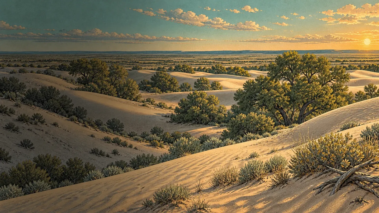 Illustration of rolling sand and scattered trees at Mescalero Sands in eastern New Mexico