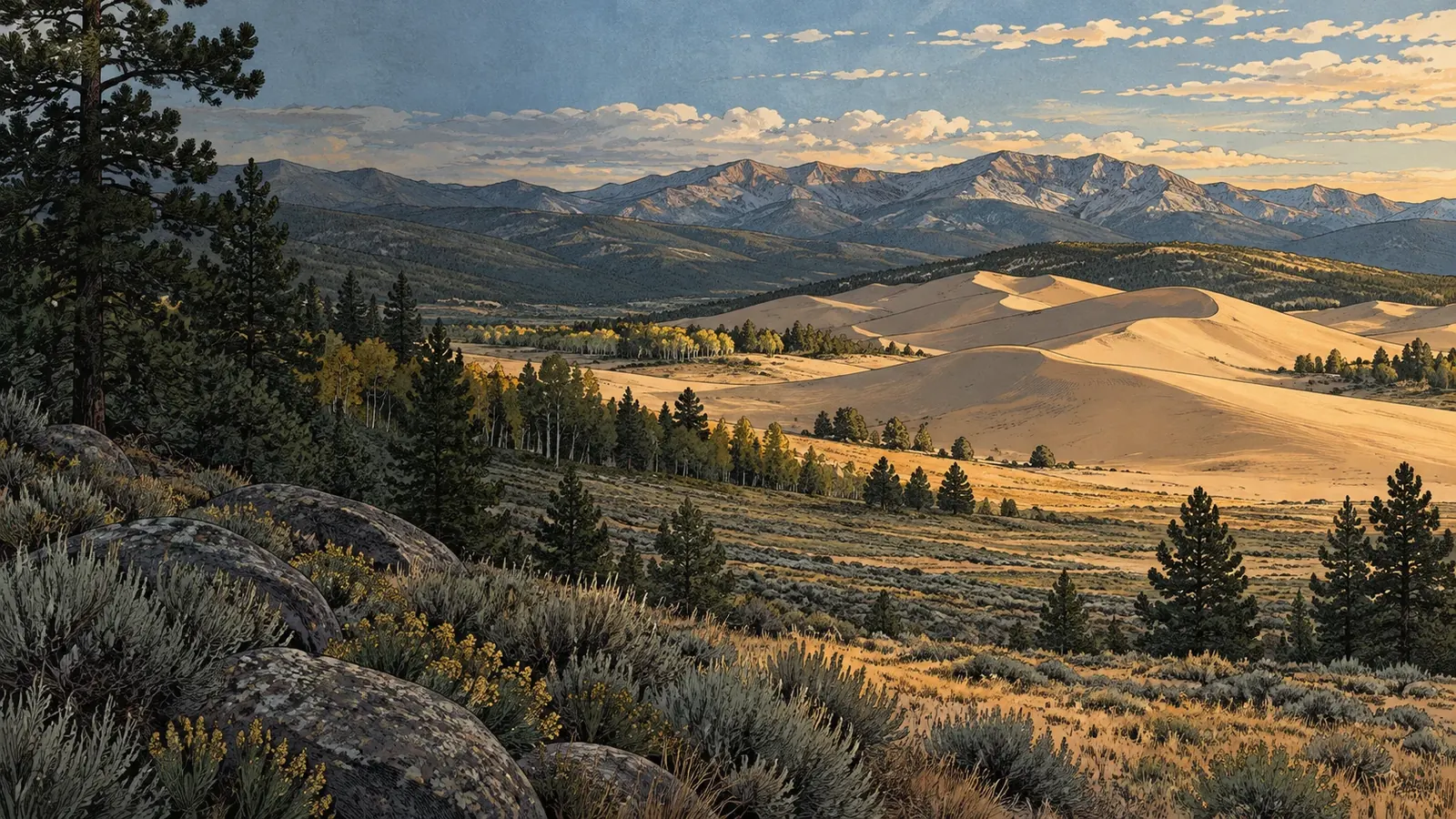 Illustration of the North Sand Hills dunes below the mountains of North Park, Colorado