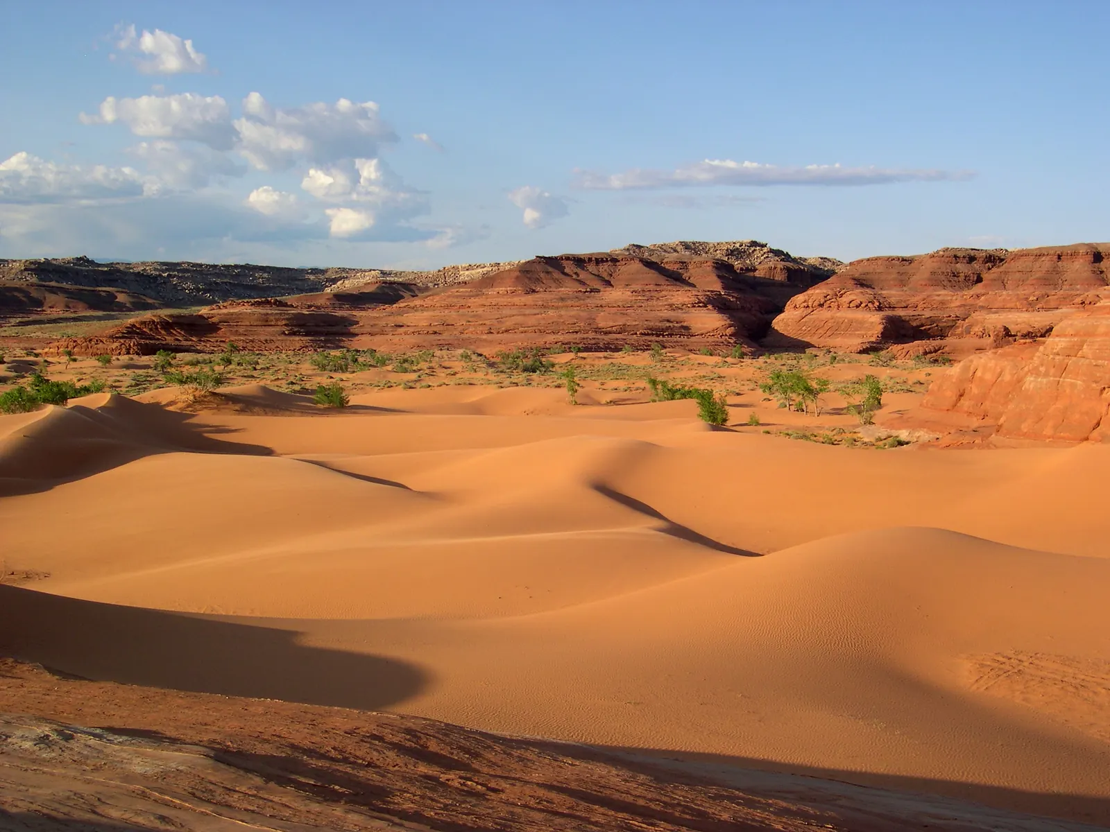 Orange dunes below red sandstone cliffs at the White Wash Sand Dunes in Utah