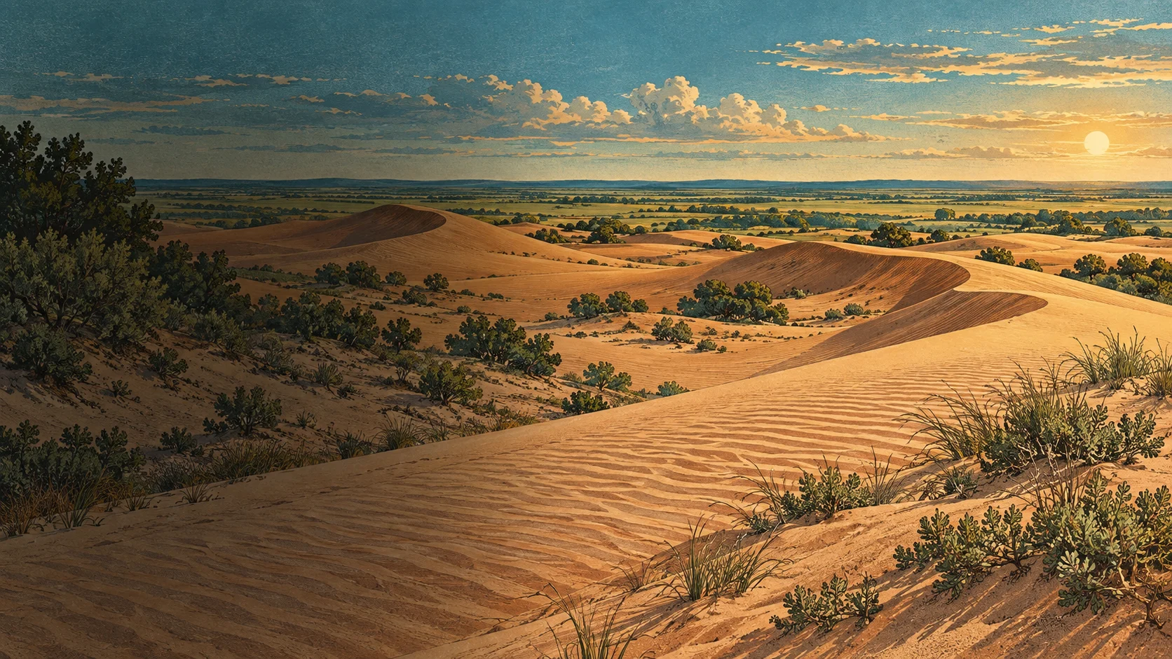 Illustrated golden dunes meeting Oklahoma prairie beneath a wide evening sky