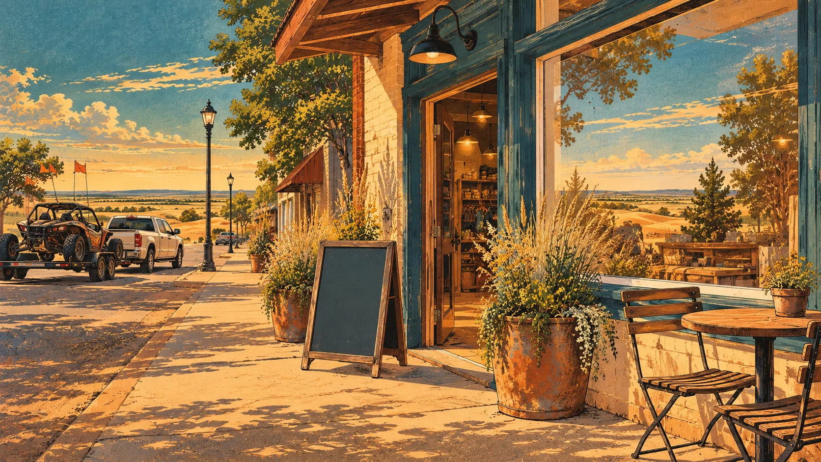 A welcoming local storefront with a blank display board and visitors arriving nearby