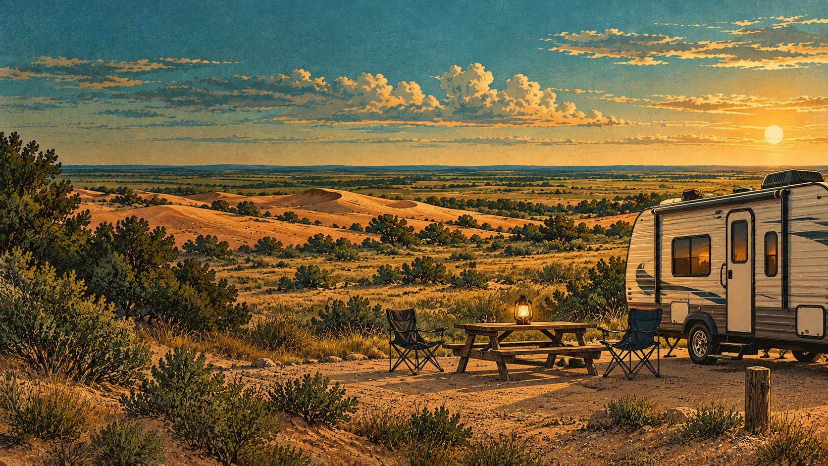 An RV, chairs and picnic table at a prairie campsite beside low sand hills
