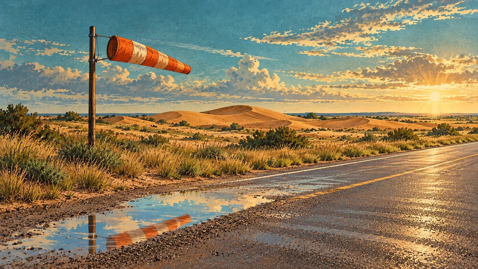 A roadside windsock and rain puddle beside low Oklahoma dunes