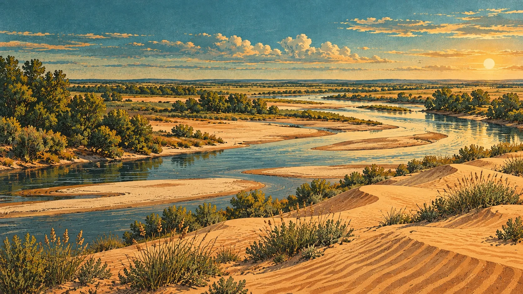A winding river with sandy terraces and wind-shaped dunes across prairie