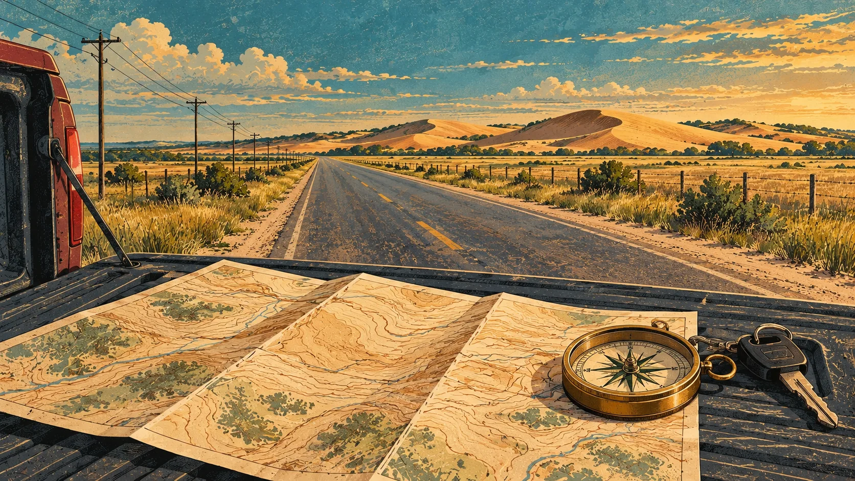 A folded map and compass on a tailgate beside a rural Oklahoma road