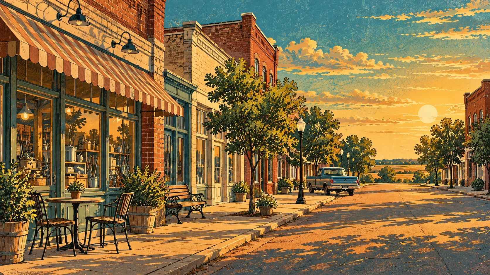 Brick storefronts and a cafe table on an imagined Oklahoma main street
