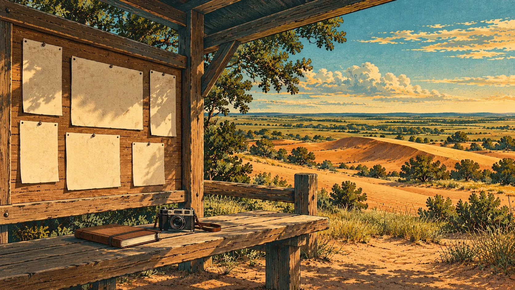 A community noticeboard, notebook and camera overlooking Oklahoma sand hills