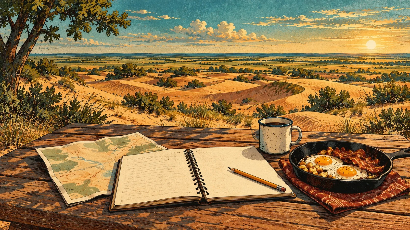 An itinerary notebook, map and camp breakfast ready for planning a weekend