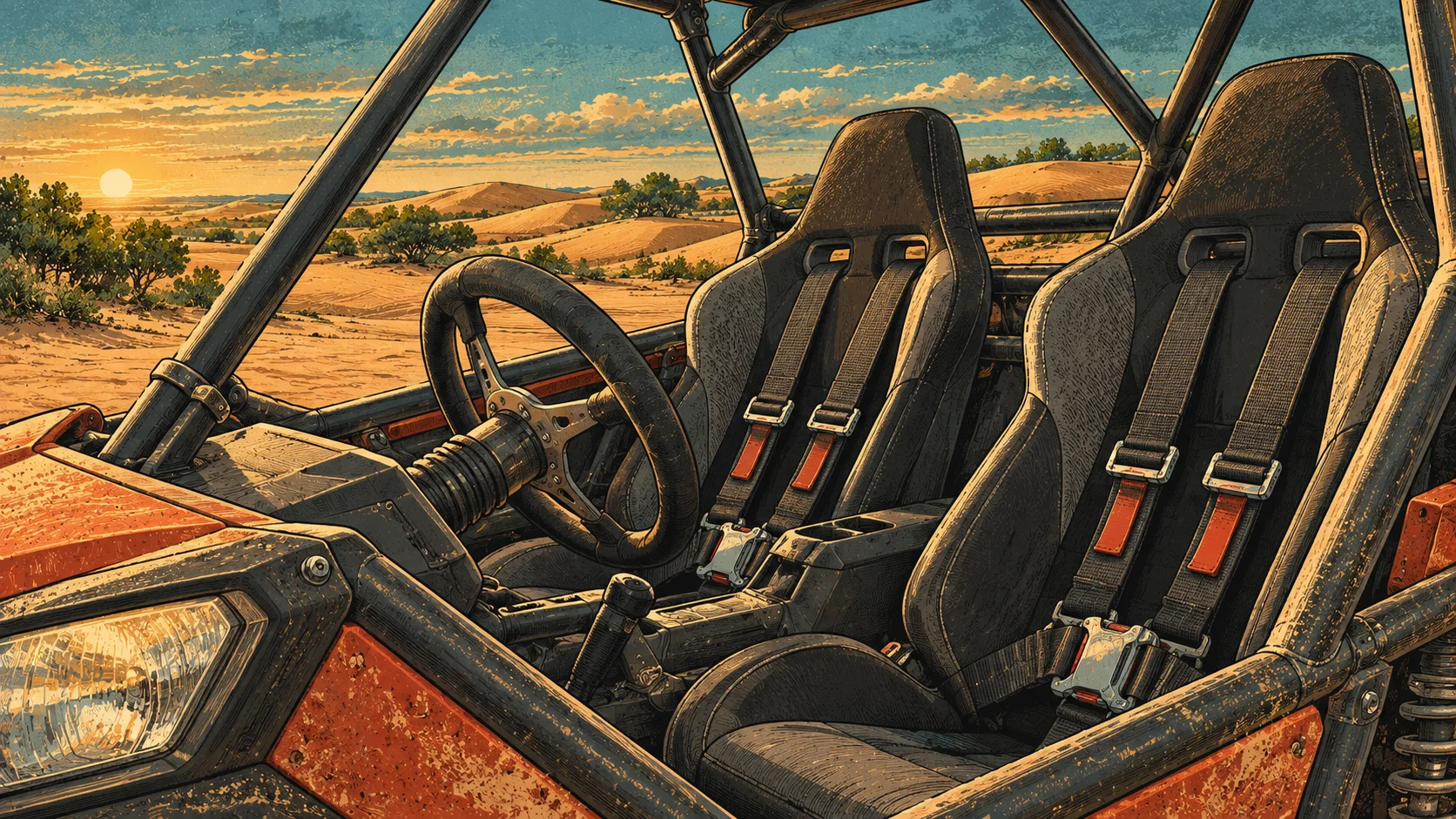 Buggy seats, restraints, roll cage and headlight ready for inspection