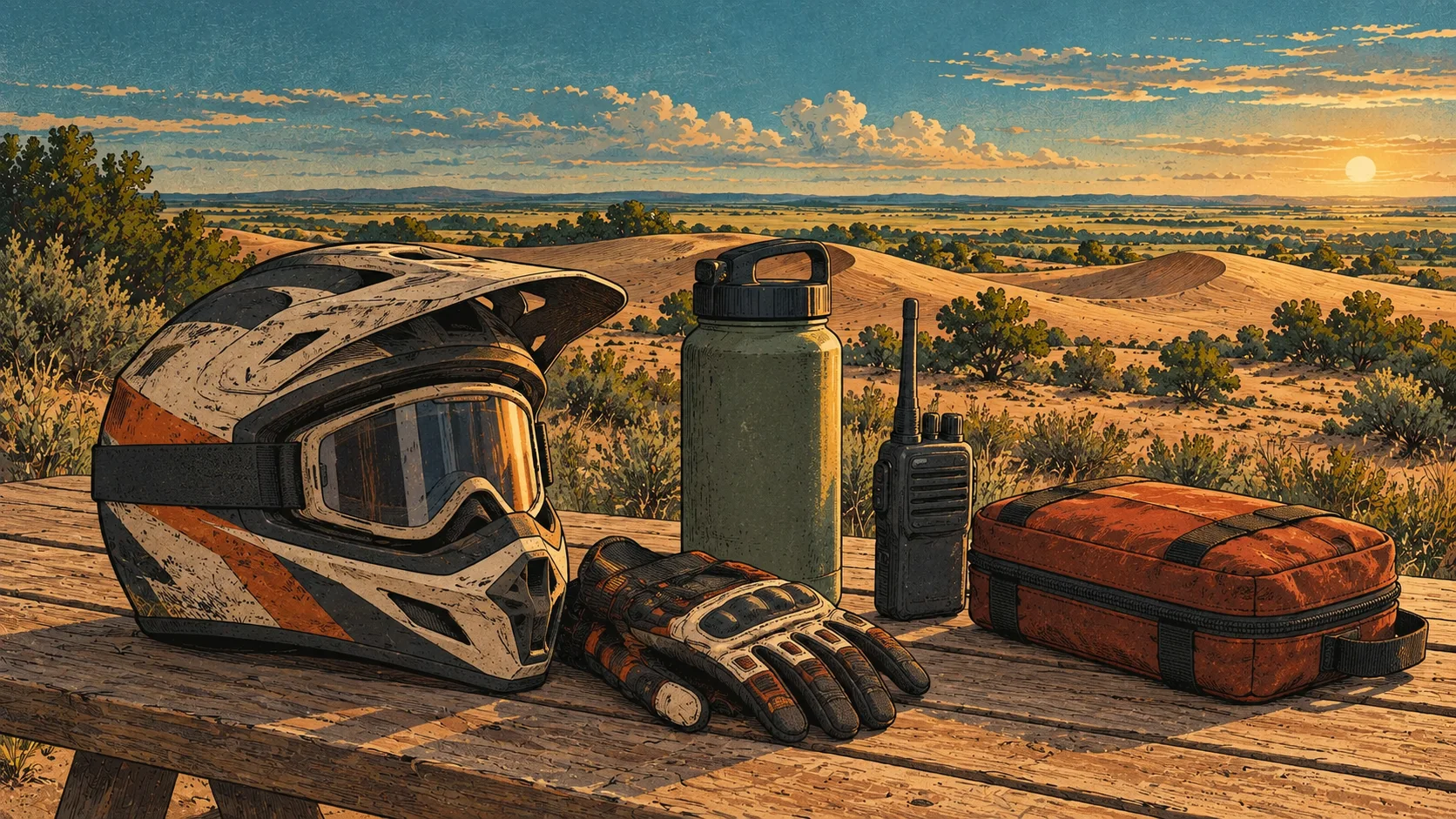 Helmet, goggles, gloves, water, radio and first-aid pouch ready at camp