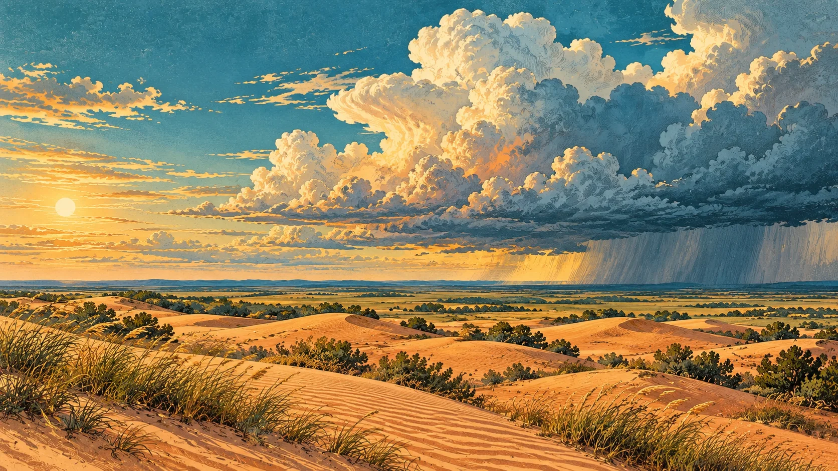 Sunlit sand hills beneath towering prairie clouds and distant rain