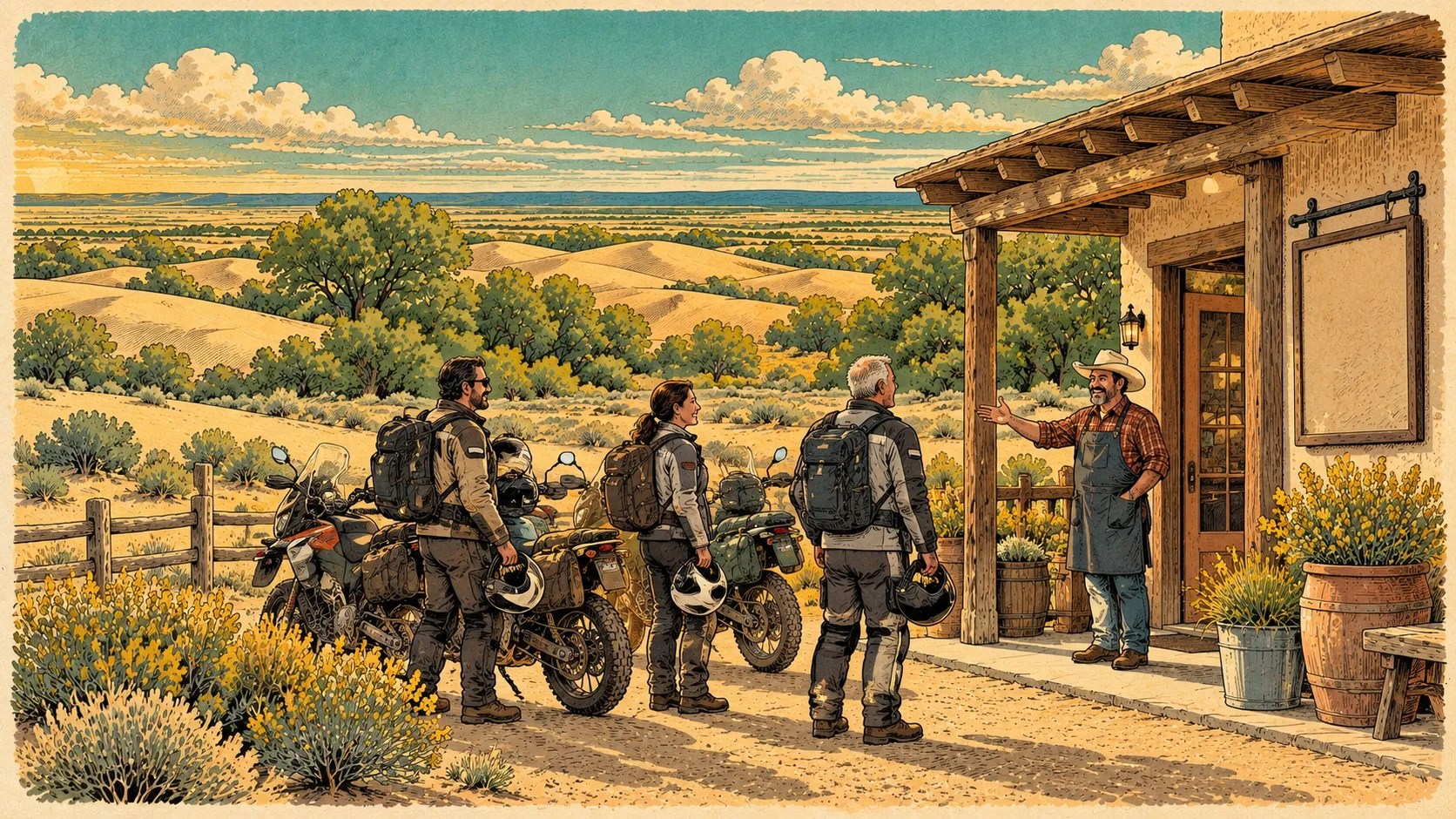 A local shop owner greeting visiting riders