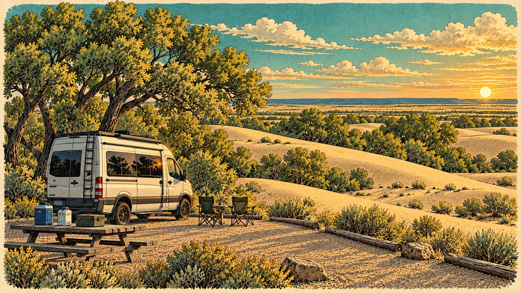 A camper van and camp supplies beside tan dunes and cottonwoods