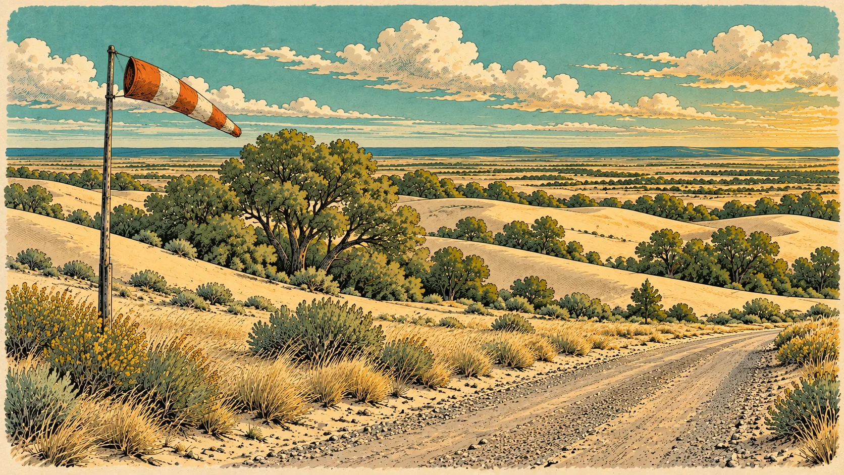A windsock above an access road beside the dunes