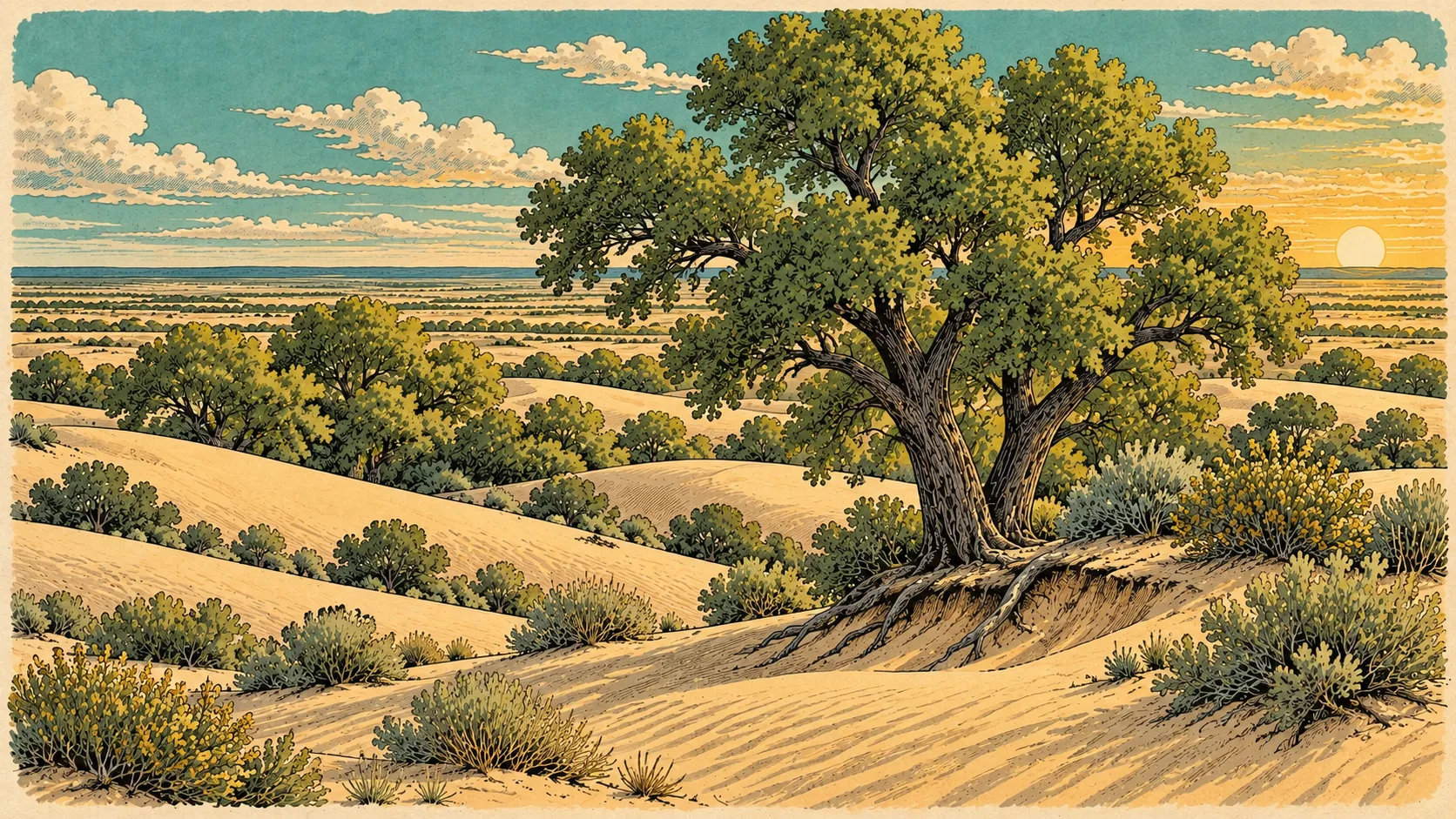 A mature cottonwood rooted among wind-shaped sand