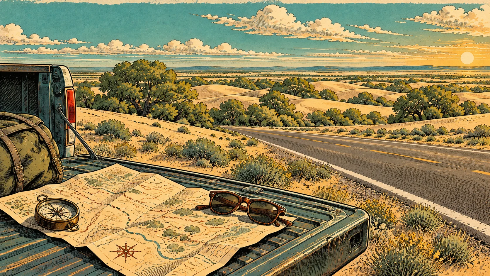 A map and compass on a tailgate beside an open road