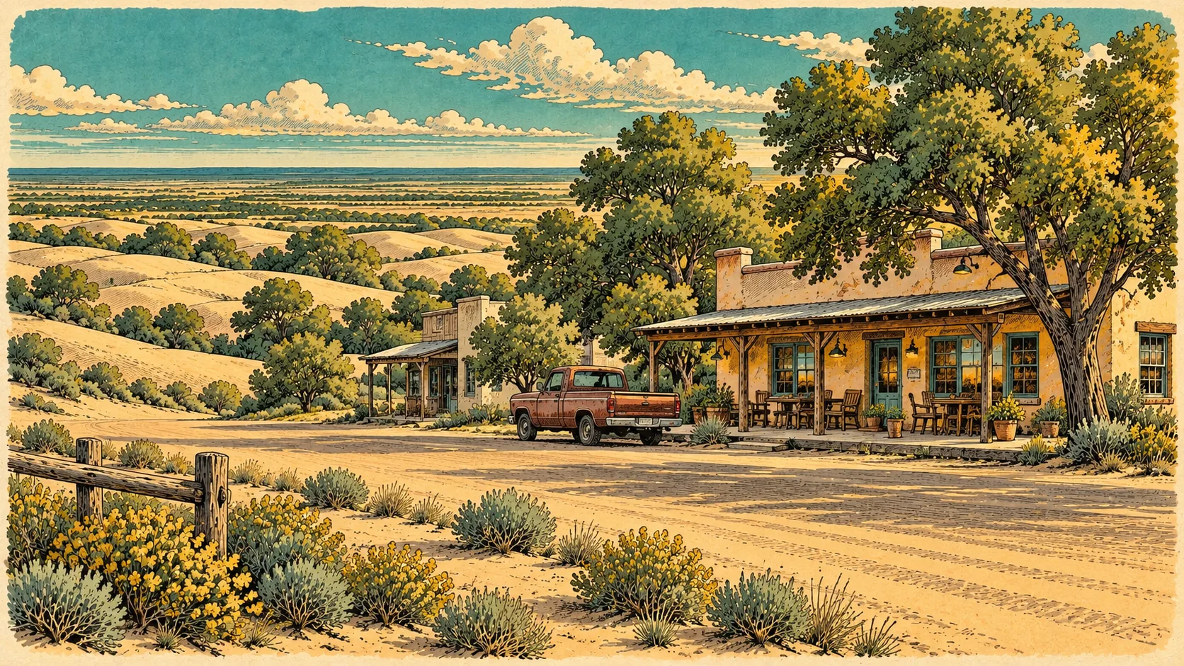 An imagined New Mexico roadside cafe with a shaded porch