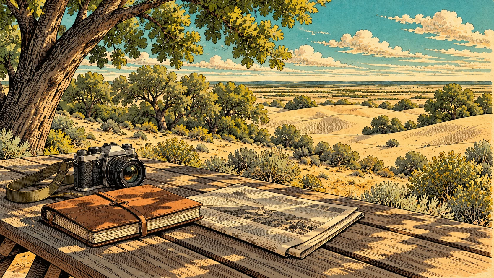 A field notebook and camera in cottonwood shade