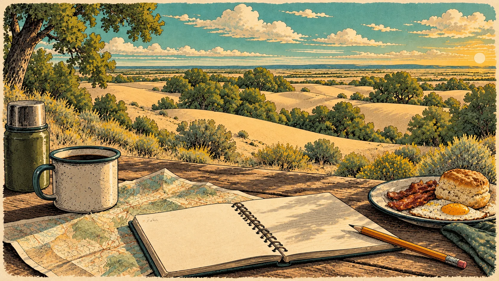 An itinerary notebook, map and camp breakfast on a picnic table