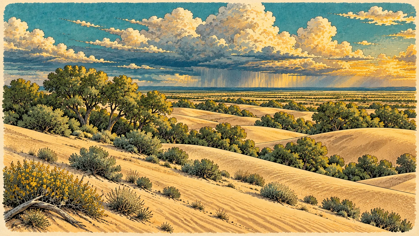 Distant rain under broad clouds above tan dunes