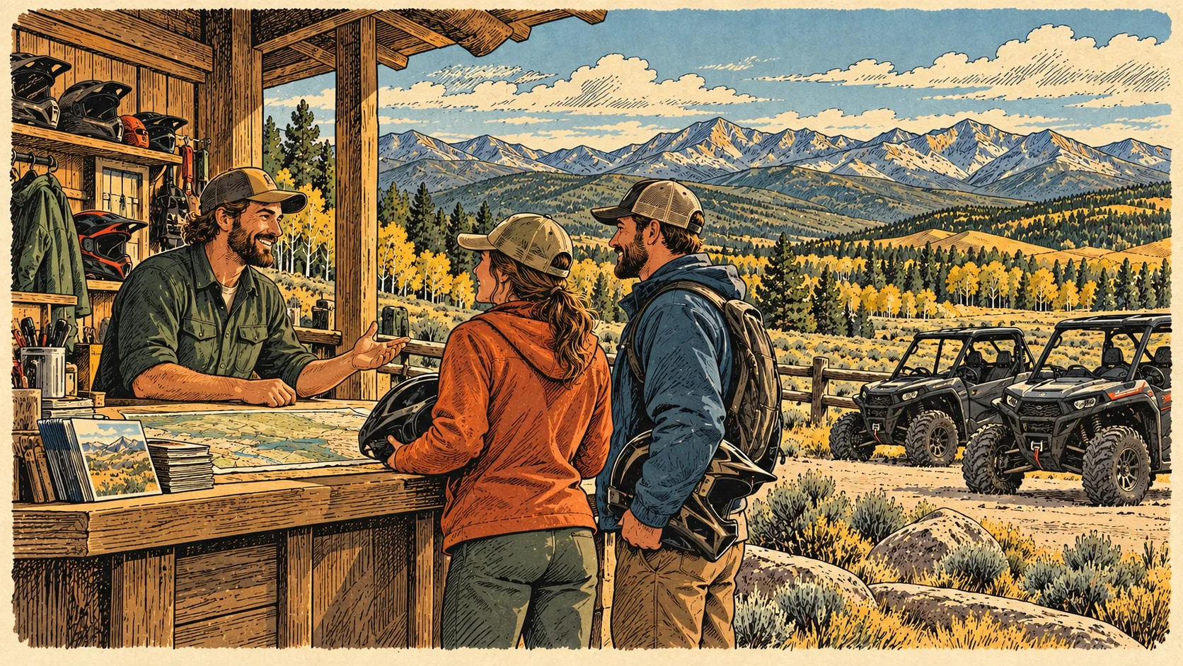 An outdoor shop owner greeting visitors with riding helmets