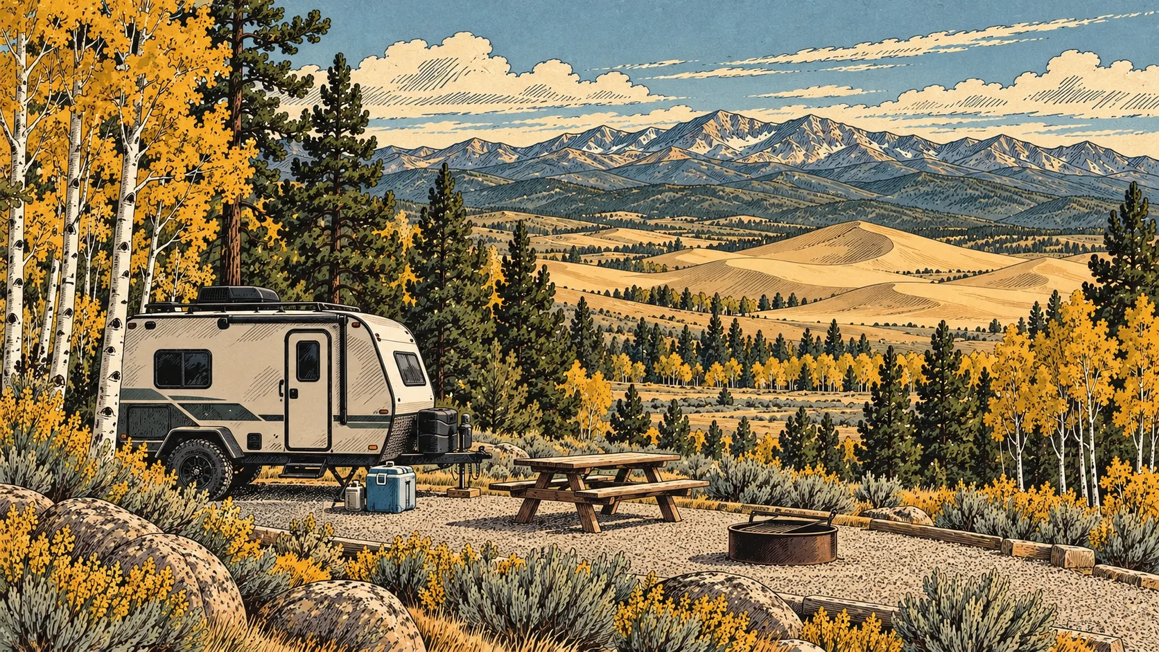 A camper trailer and picnic table beside aspens, dunes and distant mountains