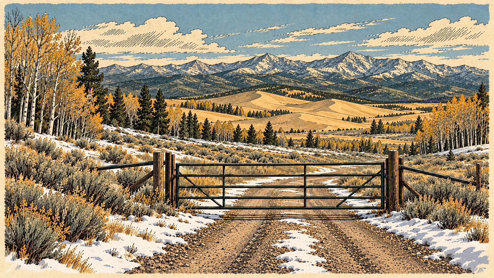 A conceptual closed access gate with snow patches and dunes beyond