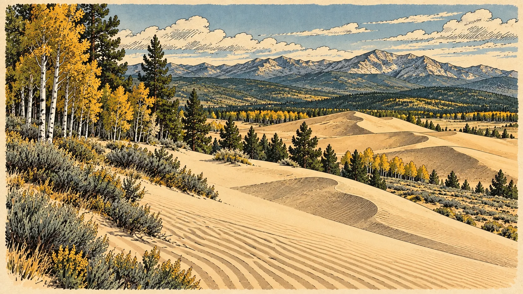 Wind-shaped dunes bordered by aspen, sage and conifers