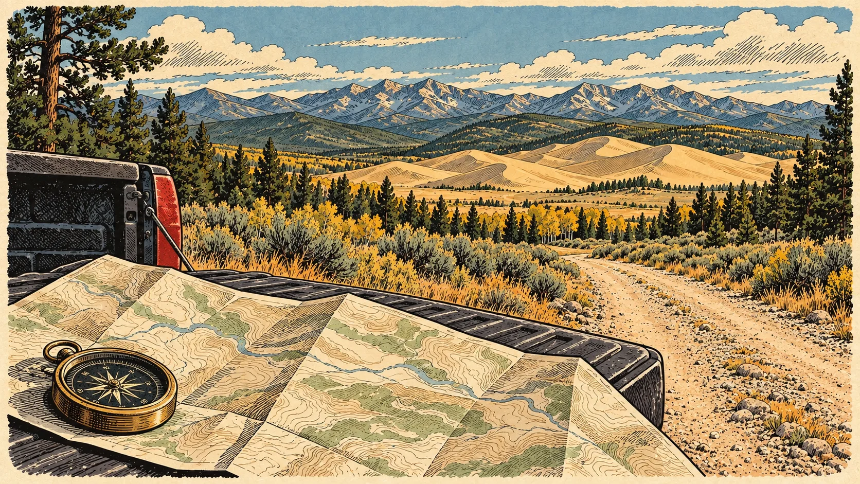 A folded map and compass on a tailgate beside a gravel road